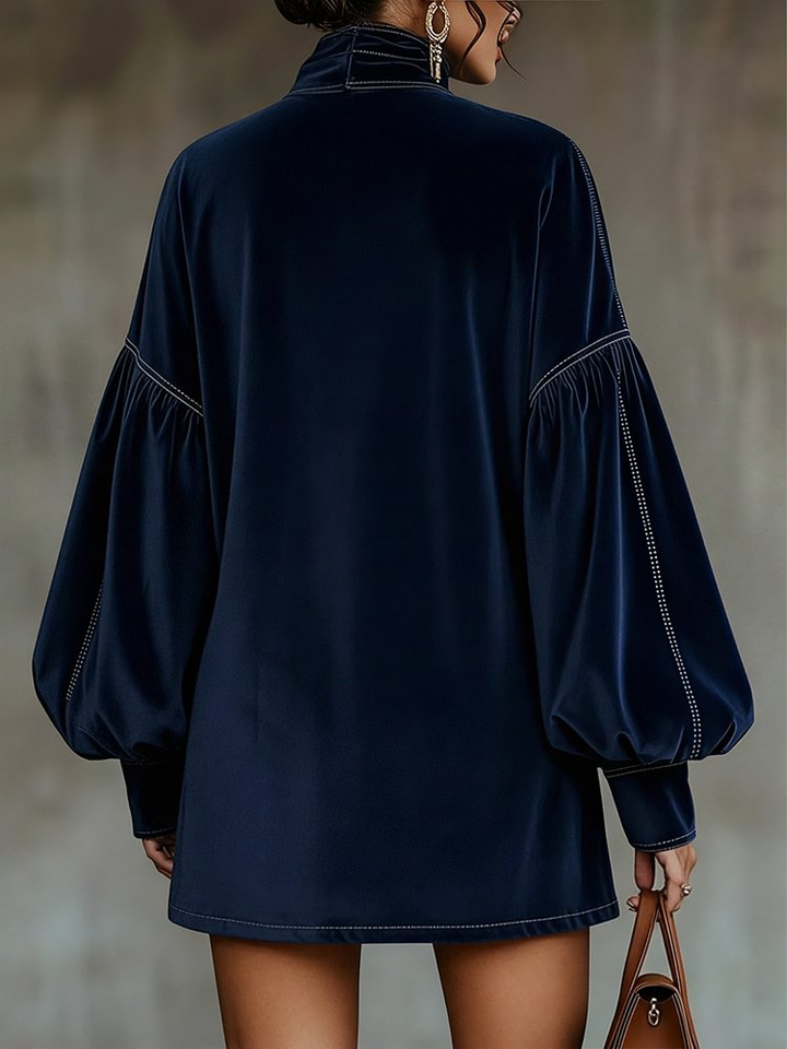 Abito Mini in Velluto Blu Scuro con Maniche a Lanternino