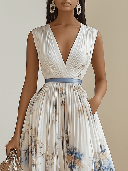 Abito Midi A-Line Senza Maniche in Chiffon Bianco Pieghettato con Stampa Floreale