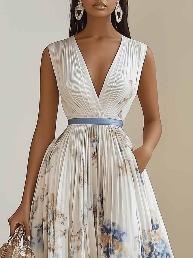 Abito Midi A-Line Senza Maniche in Chiffon Bianco Pieghettato con Stampa Floreale