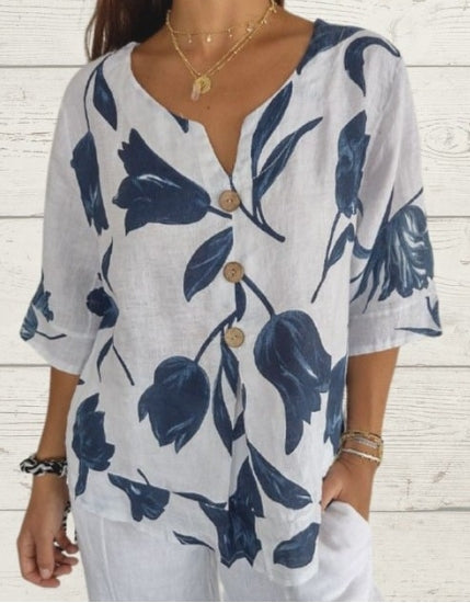 Maglietta Pullover in Lino-Cotone con Scollatura a V