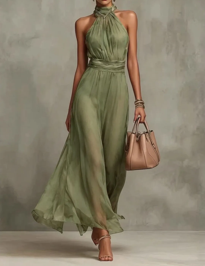 Abito Maxi Chiffon a Collo Halter di Colore Unito