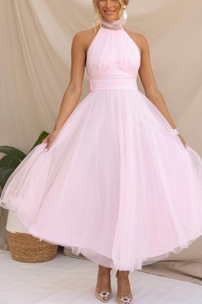 Abito Maxi Halter in Tulle con Dettagli Arricciati