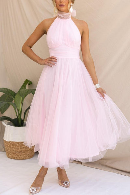 Abito Maxi Halter in Tulle con Dettagli Arricciati