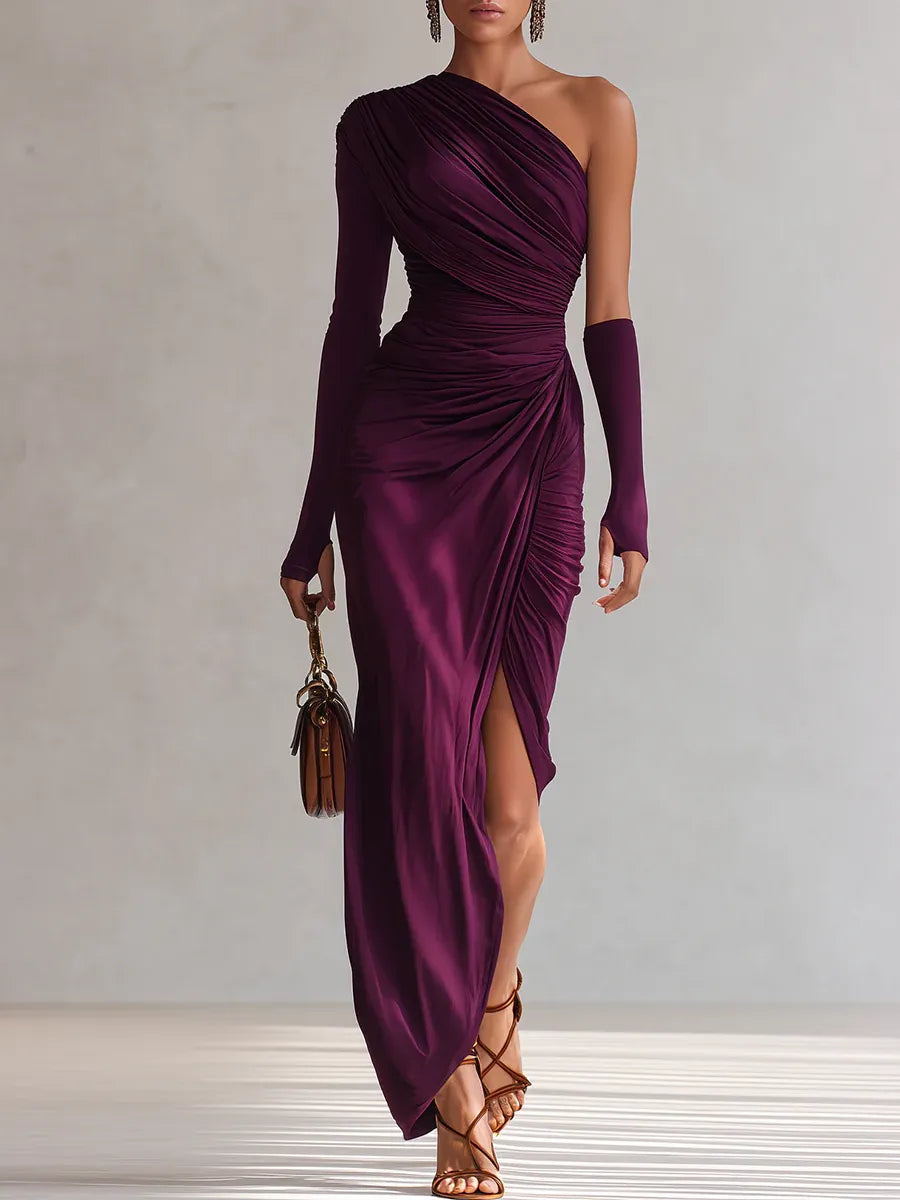 Elegante abito maxi sexy viola a spalla unica