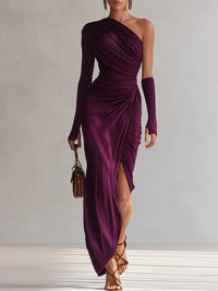 Elegante vestito maxi sexy viola a spalla unica in stile retro