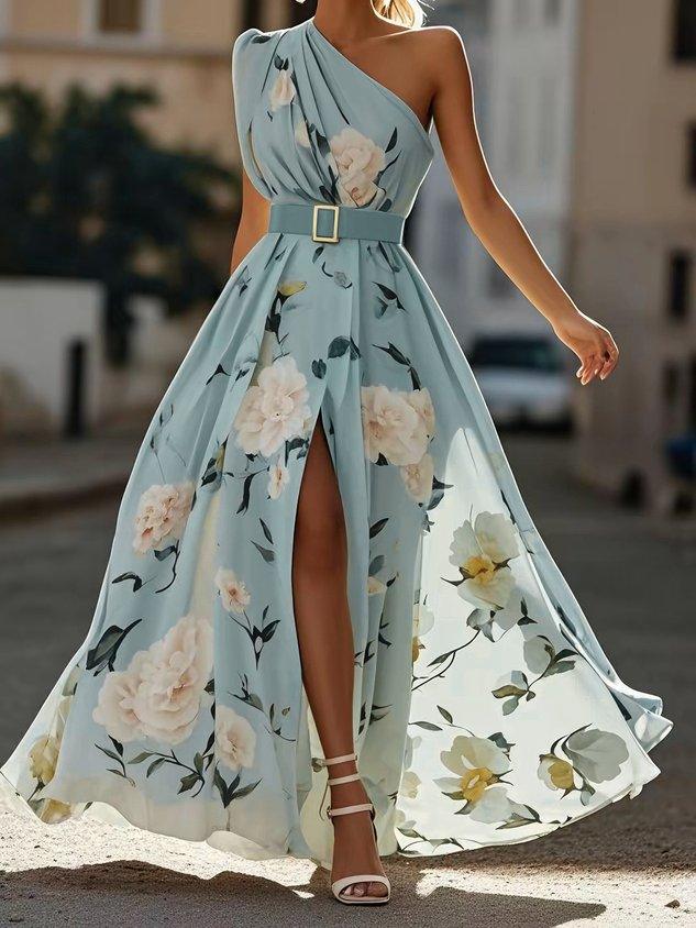 Abito Maxi Chiffon A-Line Verde Chiaro con Fiori Arricciato a Spalla Unica