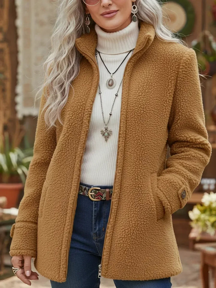Carissa - Giacca con zip completa in tessuto simile a lambswool con colletto rialzato