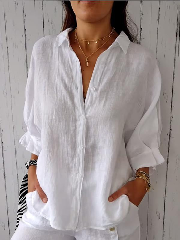 Camicia Casual in Cotone e Lino a Colore Unito
