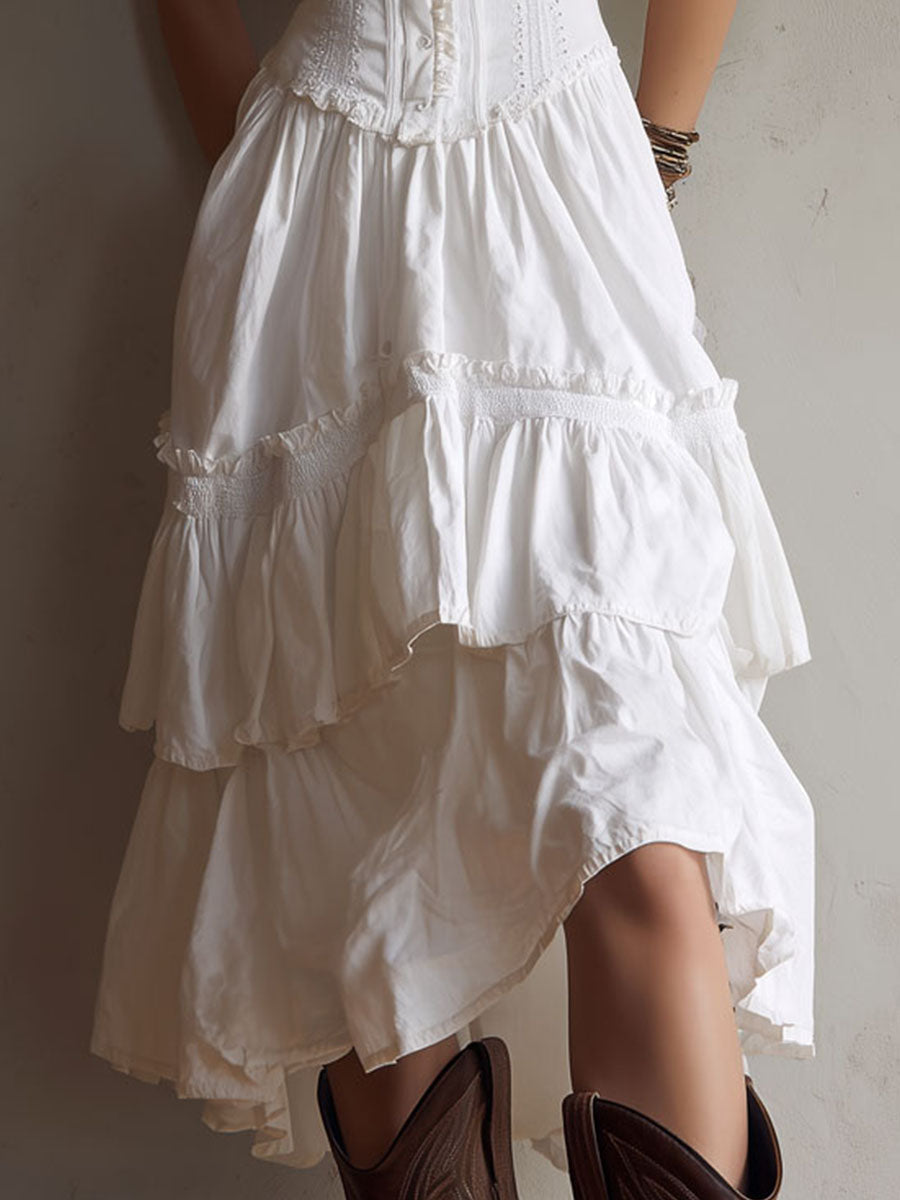 Abito Midi Tiered Boho Retro con Pizzo