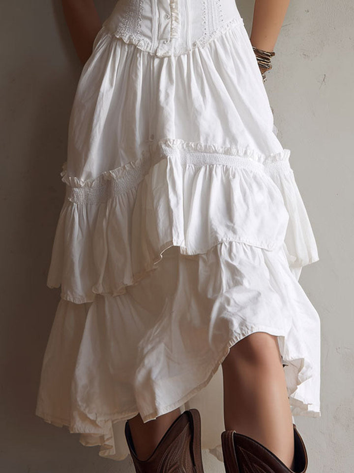 Abito Midi Tiered Boho Retro con Pizzo