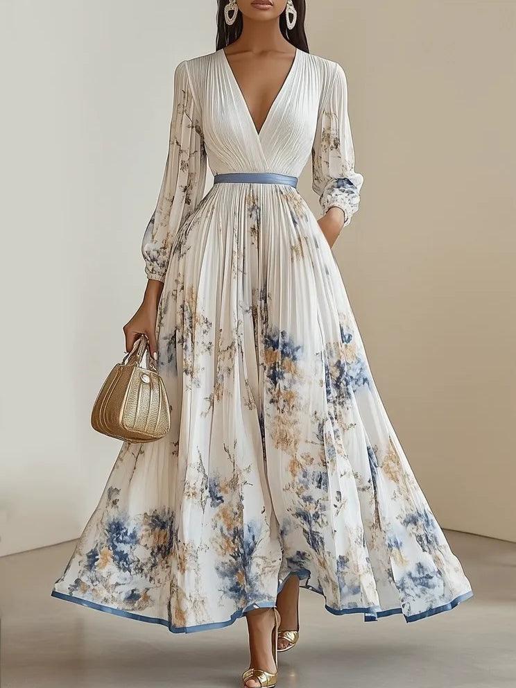 Abito Maxi A-Line in Chiffon Bianco Pieghettato con Scollo a V e Maniche Lunghe a Palloncino