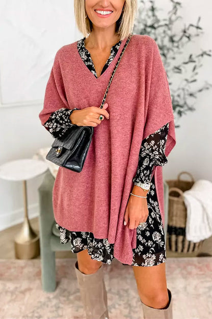 Poncho Maglione Solido con Collo a V e Vestibilità Larga