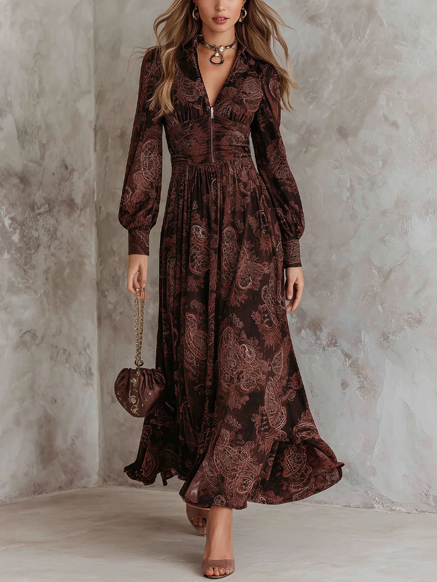 Abito Maxi con Zip in Stile Paisley Marrone