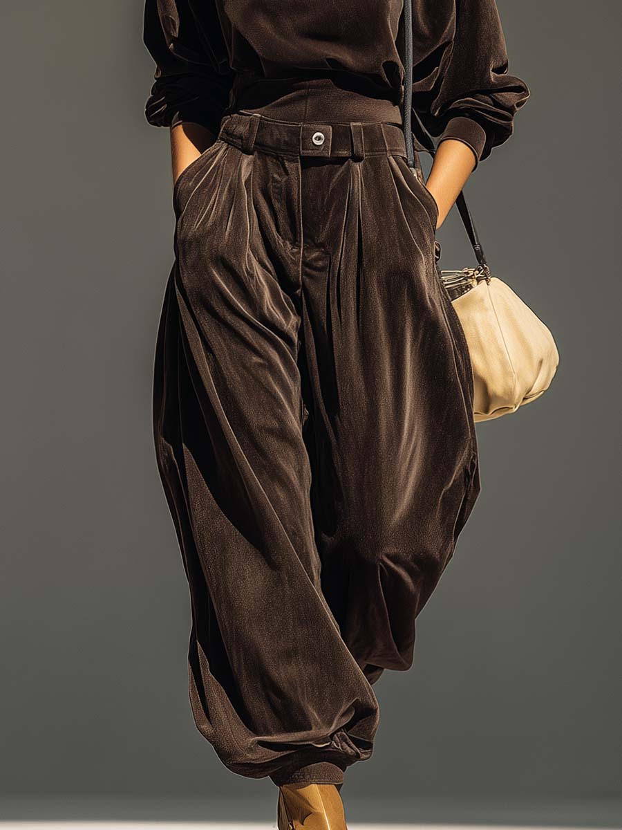 Set di felpa in velluto marrone vintage e pantaloni larghi (Include cintura)