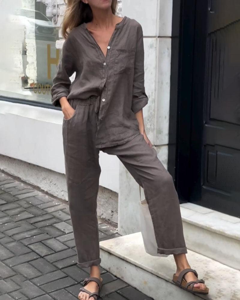 Set di Due Pezzi in Cotone Lino con Maglietta e Pantaloni V-Neck a Colore Solido