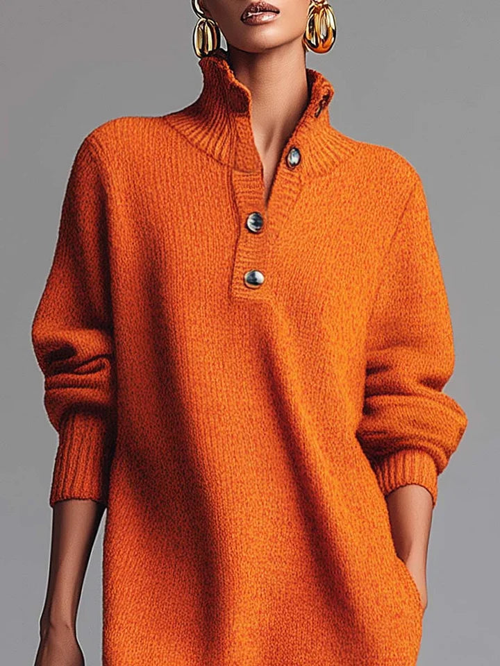 Abito Midi a Maglia Arancione con Collo a Revers e Bottoni Frontali