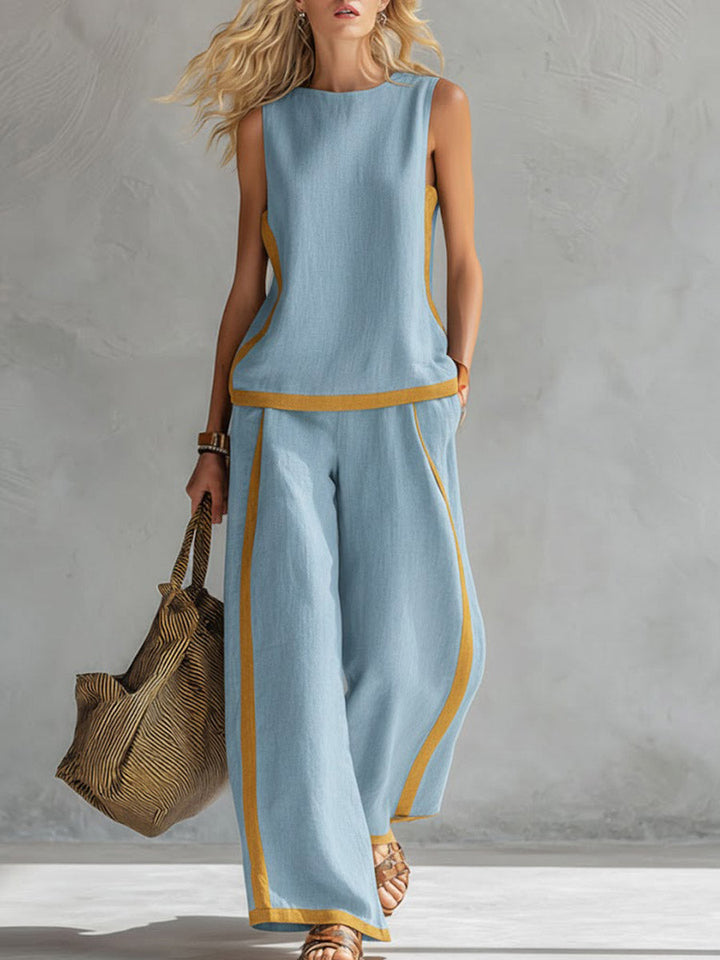Set di Top Casual Senza Maniche a Collo Rotondo e Pantaloni a Vita Alta a Gamba Larga