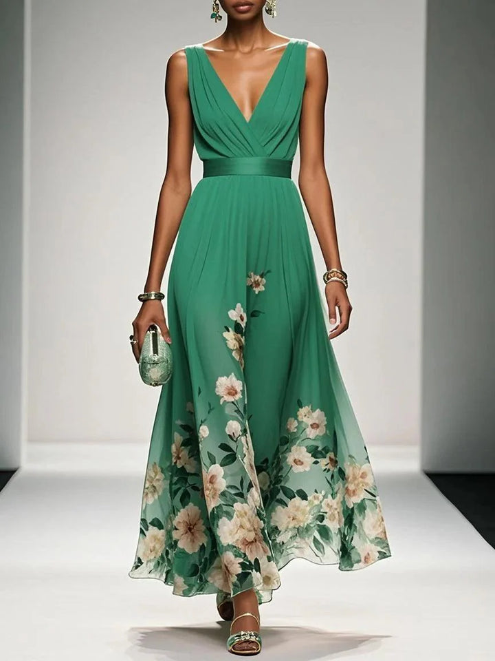 Abito Maxi A-Line Senza Maniche con Scollatura a V in Chiffon Floreale Blu Chiaro
