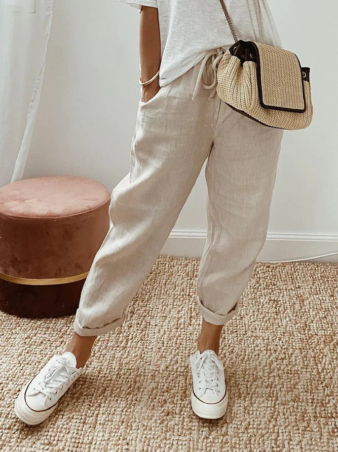 Pantaloni Casual con Tasche a Inserto di Colore Solido e Coulisse