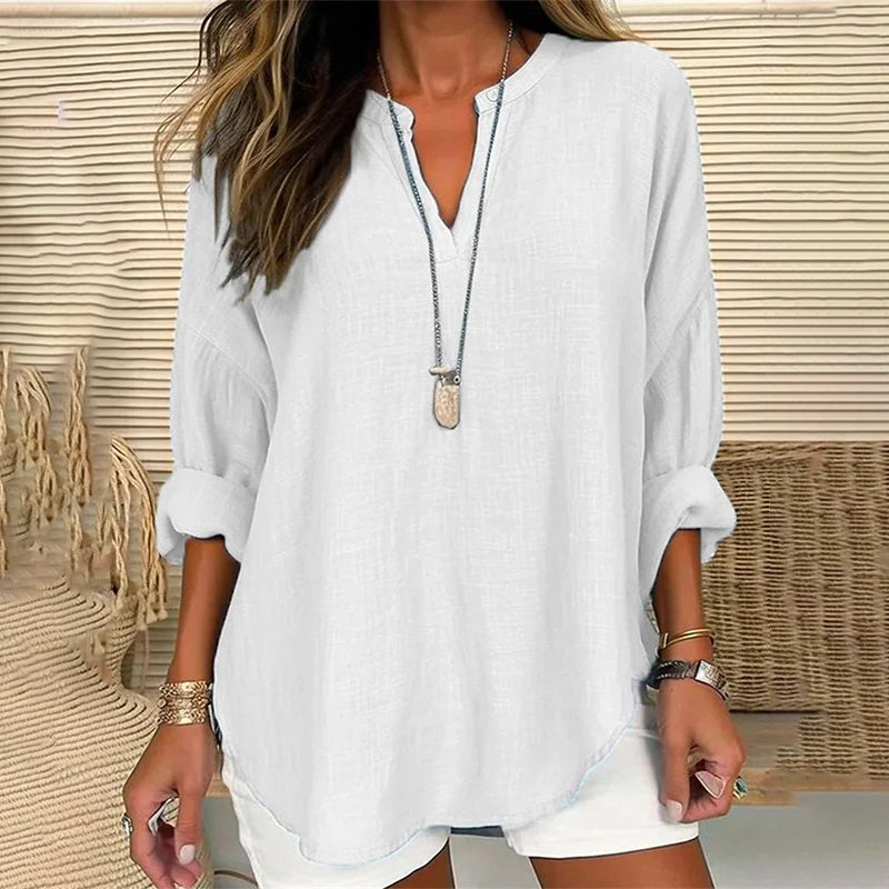 Blusa Casuale Lunga a Maniche Lunghe con Scollo a V di Colore Solido