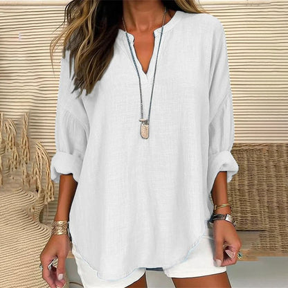 Blusa Casuale Lunga a Maniche Lunghe con Scollo a V di Colore Solido