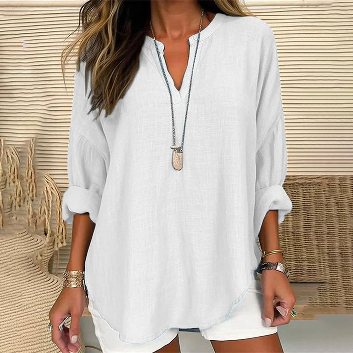 Blusa Casuale Lunga a Maniche Lunghe con Scollo a V di Colore Solido