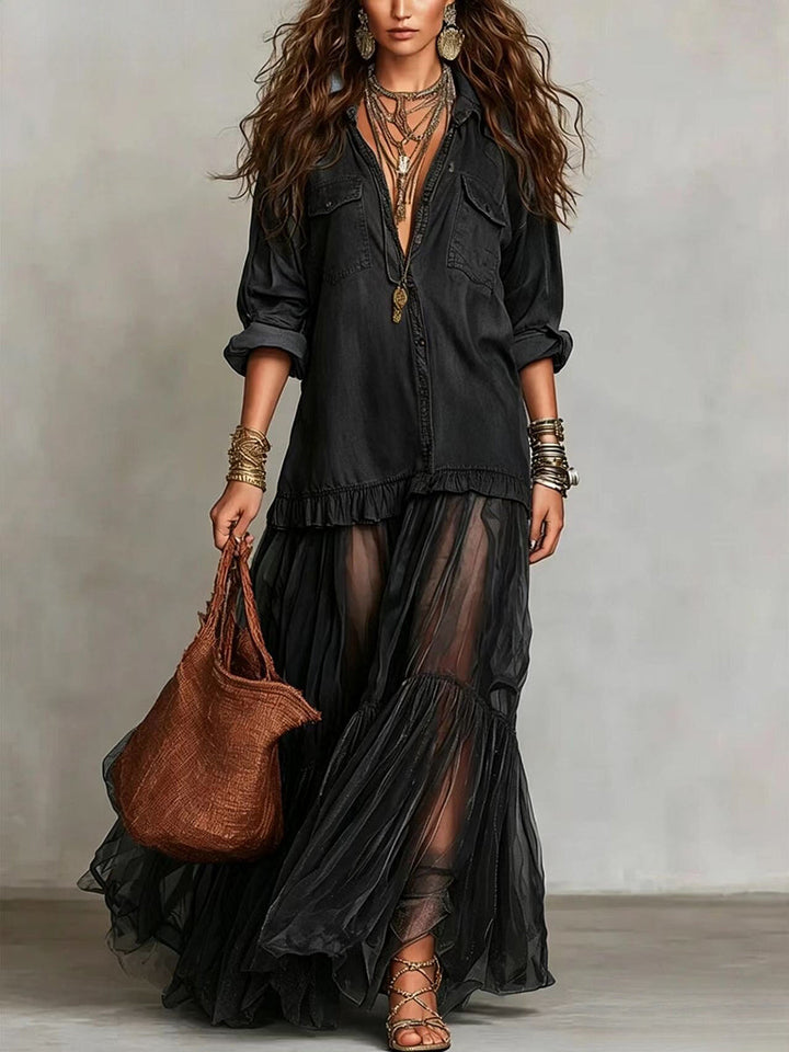 Abito Maxi in Denim Blu Finto con Collo Camicia e Tasche Trasparenti