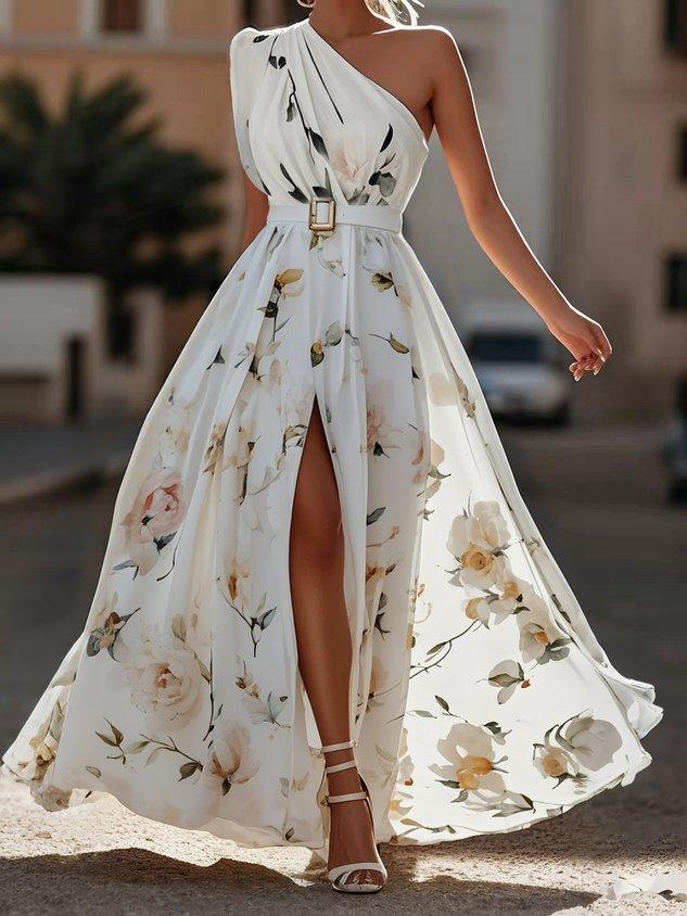 Abito Maxy in Chiffon Verde Chiaro a Fiori con Spalla Scoperta