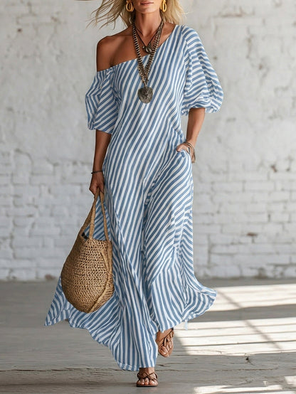 Abito Maxi Elegante e Classico a Righe con Spalle Scoperte