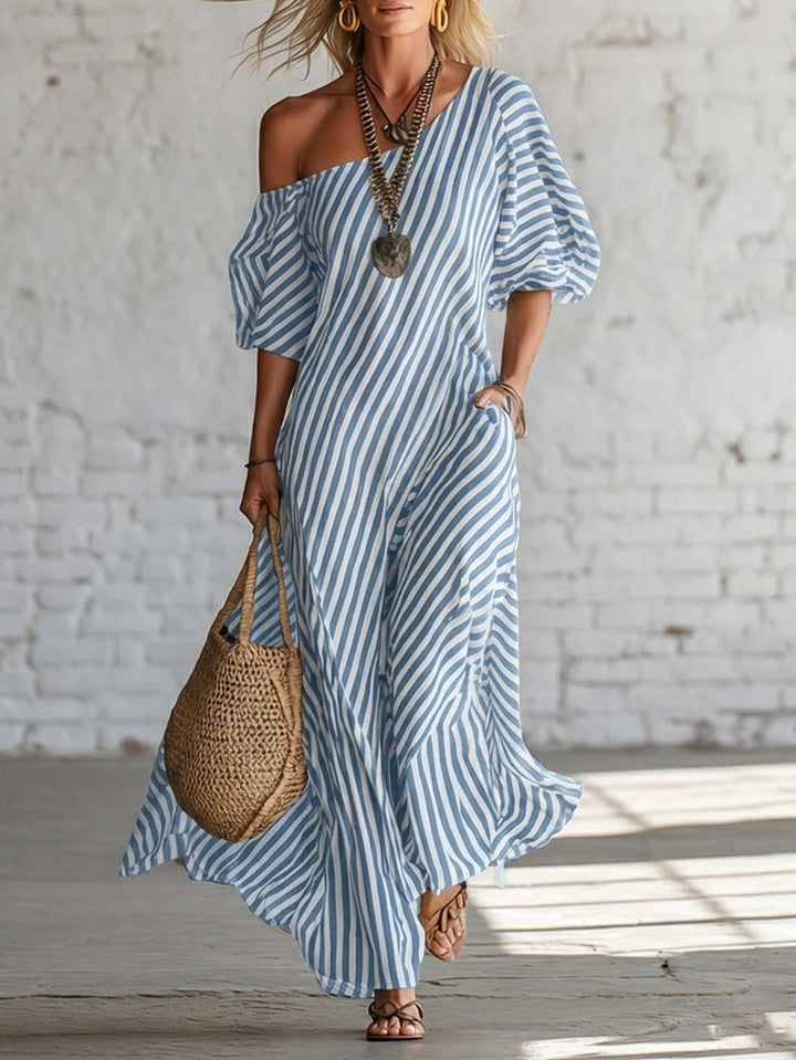 Abito Maxi Elegante e Classico a Righe con Spalle Scoperte