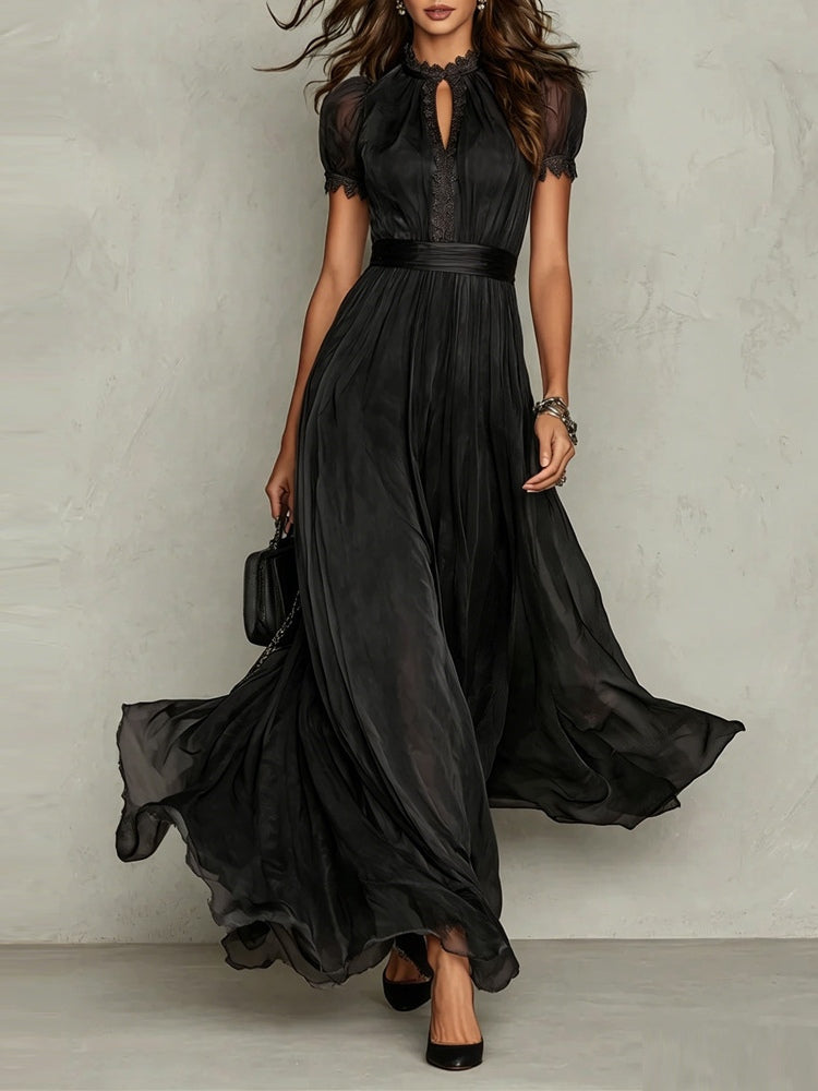 Abito Maxi in Chiffon con Collo a Chiave e Pizzo