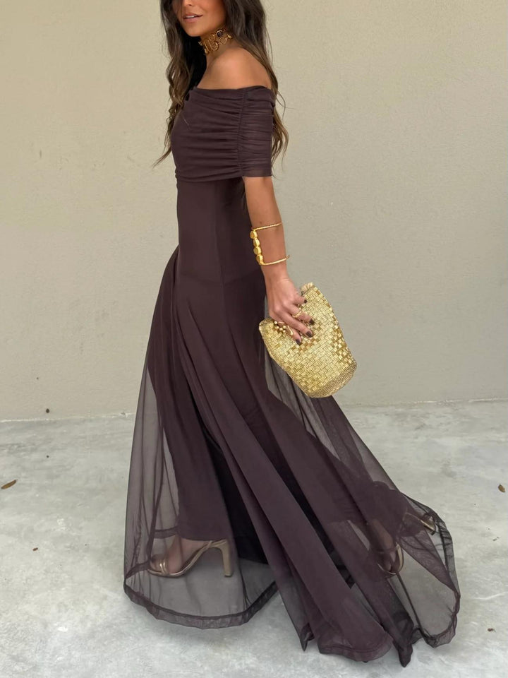 Abito Maxi in Rete con Spalla Scoperta Marrone