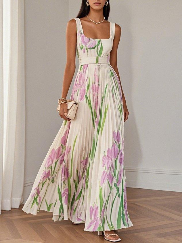 Abito Maxi A-Line Senza Maniche in Chiffon Foderato a Pieghe con Motivo Floreale Bianco