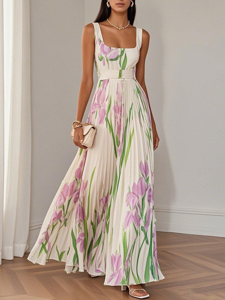 Abito Maxi A-Line Senza Maniche in Chiffon Foderato Bianco a Pieghe con Fantasia Floreale