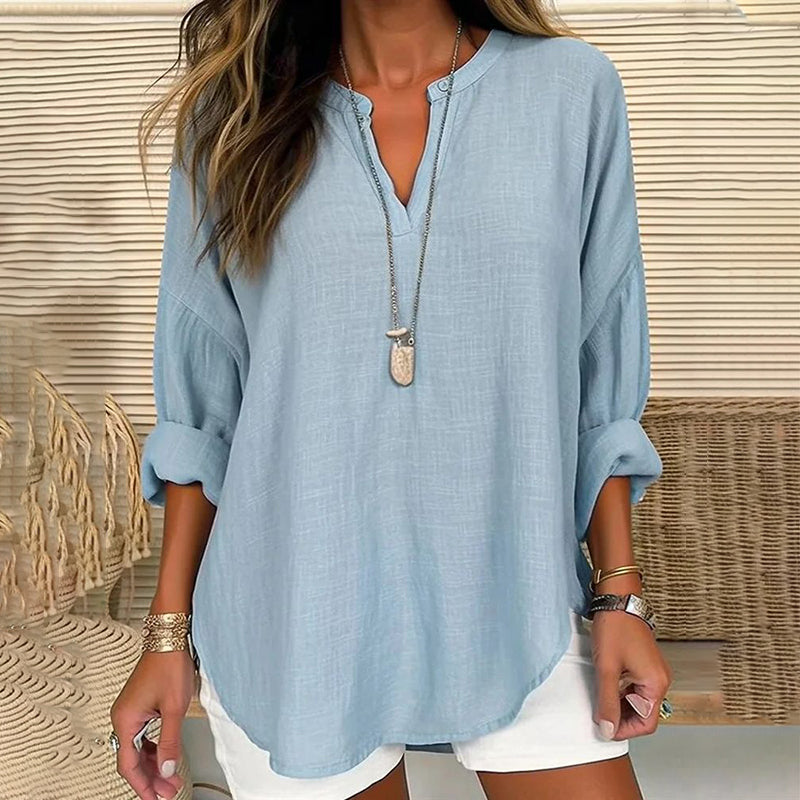 Blusa Casuale Lunga a Maniche Lunghe con Scollo a V di Colore Solido