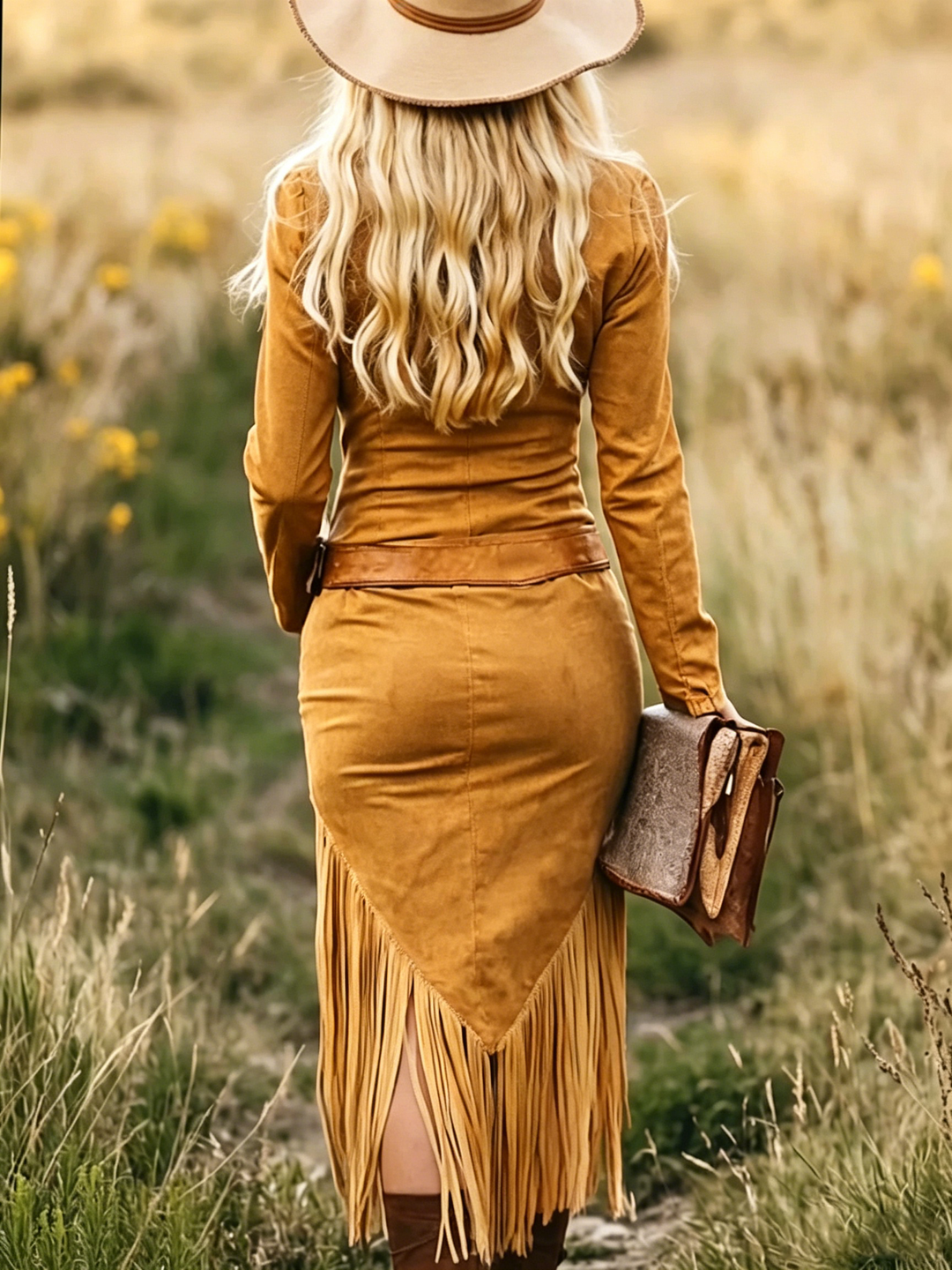 Abito Midi Vintage Western con Zip e Frange (Senza cintura)