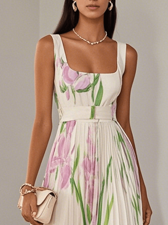 Abito Maxi A-Line Senza Maniche in Chiffon Foderato Bianco a Pieghe con Fantasia Floreale