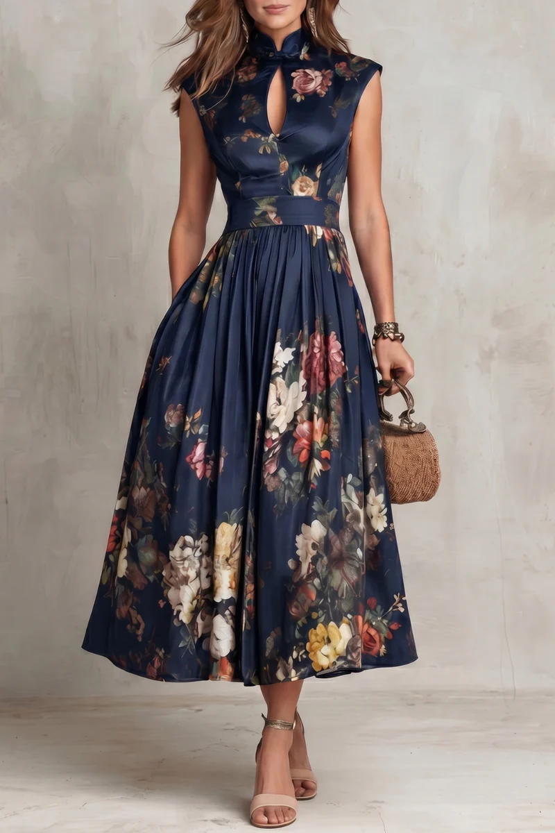 Abito Midi in Satin Pieghettato con Collo a Chiave Nera