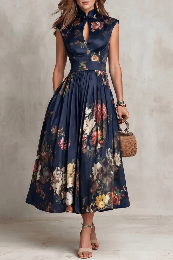Abito Midi in Satin Pieghettato con Collo a Chiave Nera