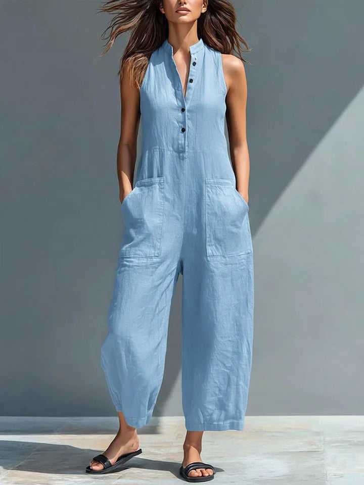 Salopette Nera Minimalista in Finto Lino con Collo a Camicia Senza Maniche e Vestibilità Larga