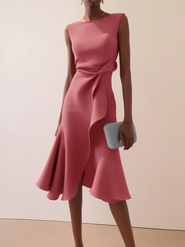 Abito Elegante Midi Rosso Senza Maniche con Nodo in Vita per Giorno e Notte