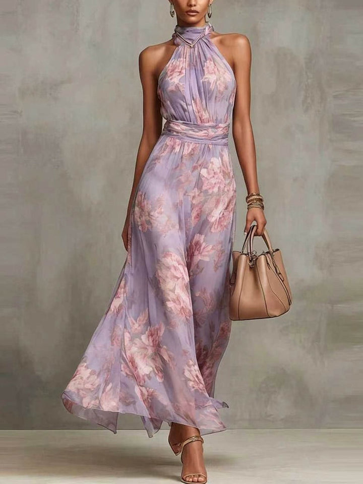 Abito Maxi Halter in Chiffon Verde a Fiori