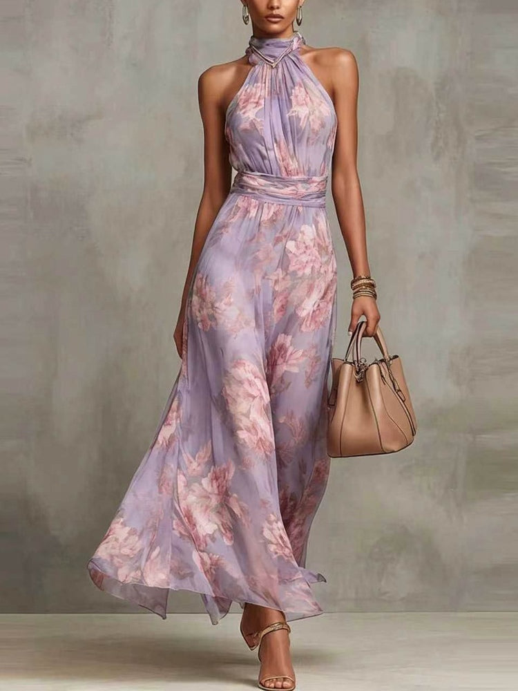 Abito Maxi Halter in Chiffon Verde Floreale
