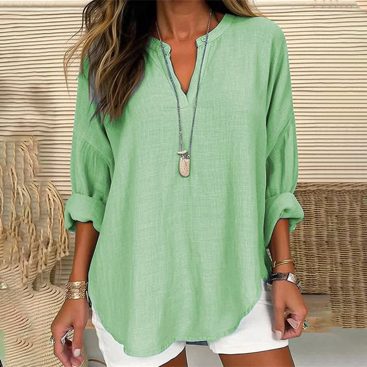 Blusa Casuale Lunga a Maniche Lunghe con Scollo a V di Colore Solido