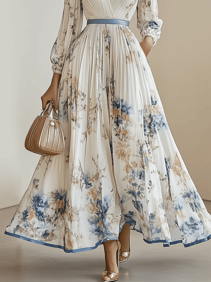 Abito Maxi A-Line in Chiffon Pieghettato Bianco con V Collo e Maniche Lunghe a Palloncino