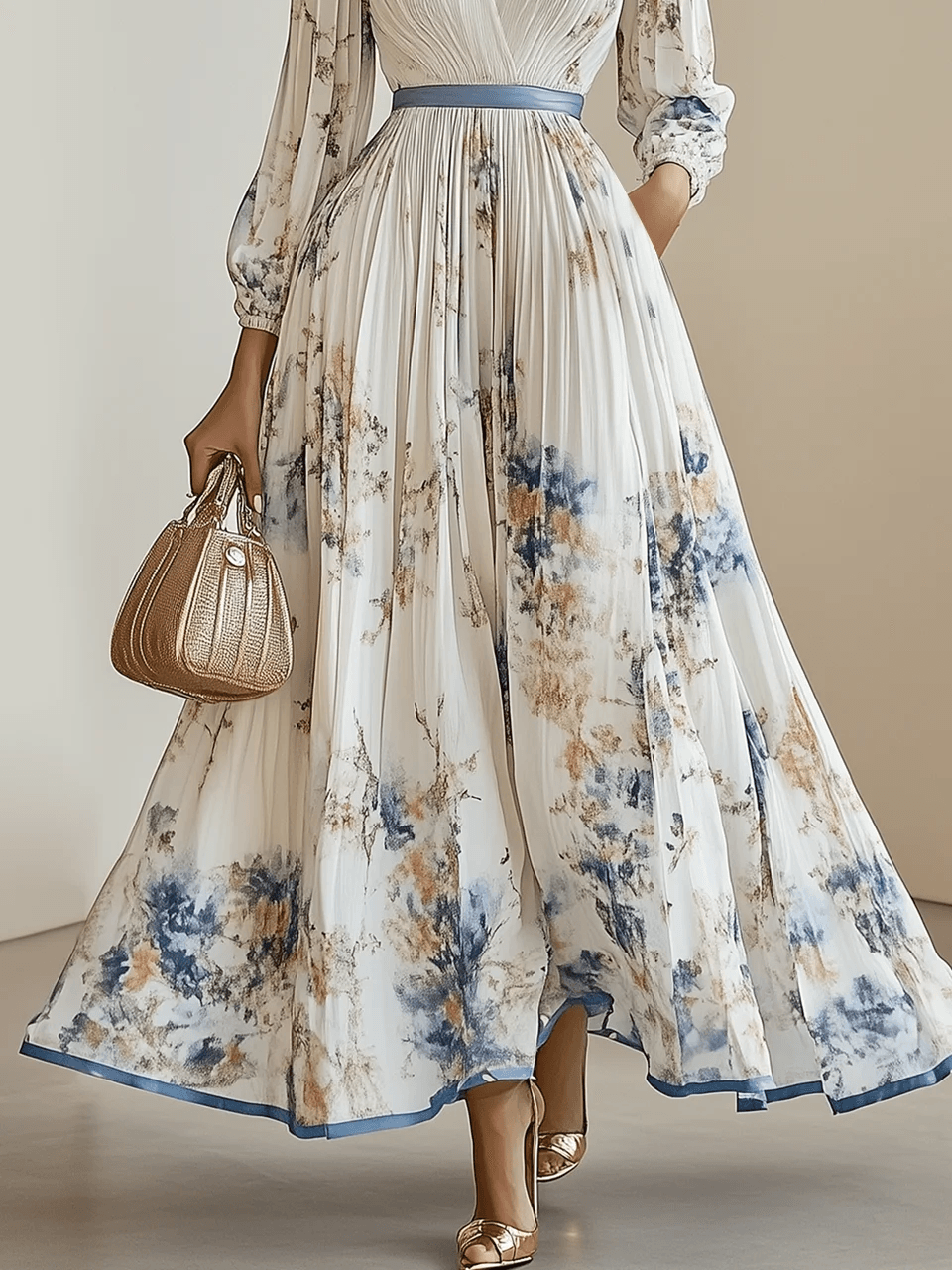 Abito Maxi Lungo A-Line in Chiffon Pieghettato Bianco con Maniche Lunghe a Palloncino e Scollo a V