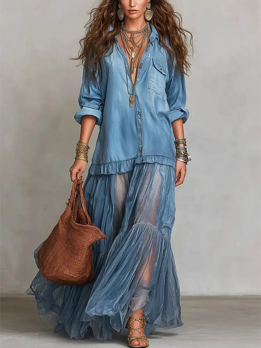 Abito Maxi in Denim Blu Finto con Collo Camicia e Tasche Trasparenti