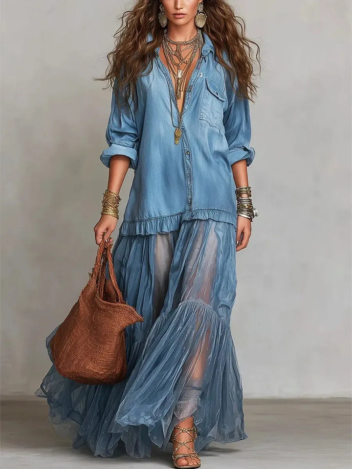 Abito Maxi in Denim Blu Finto con Collo Camicia e Tasche Trasparenti