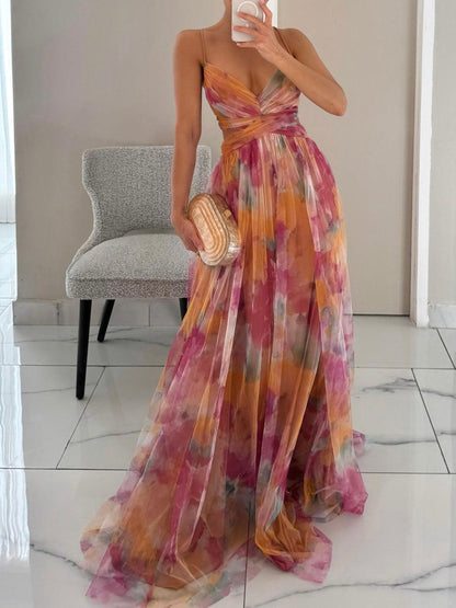 Abito Maxi A-Line V-Neck con Stampa Floreale Elegante
