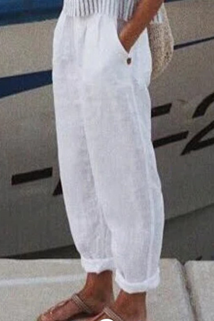 Pantaloni Casual in Cotone e Lino a Colore Unito